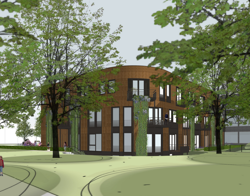 Impressie gevelaanzicht gebouw vanaf het park