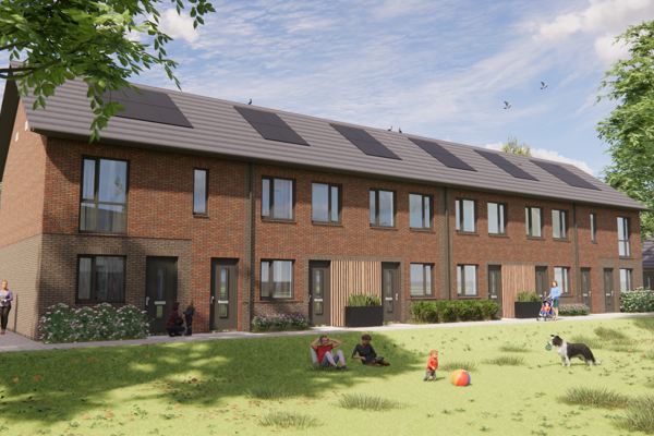Impressie voorzijde blok eengezinswoningen met beneden-bovenwoningen Griseeweg Epe
